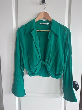 Zara Emerald Knot-Front Collared Blouse